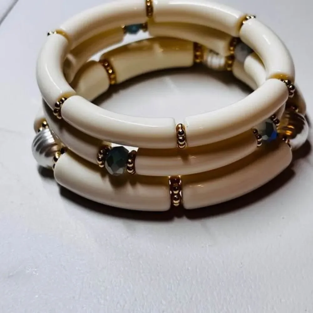 Chunky Cream & Gold Acrylic Bamboo Tube Stretch Bracelet Stack (Set of 3)
